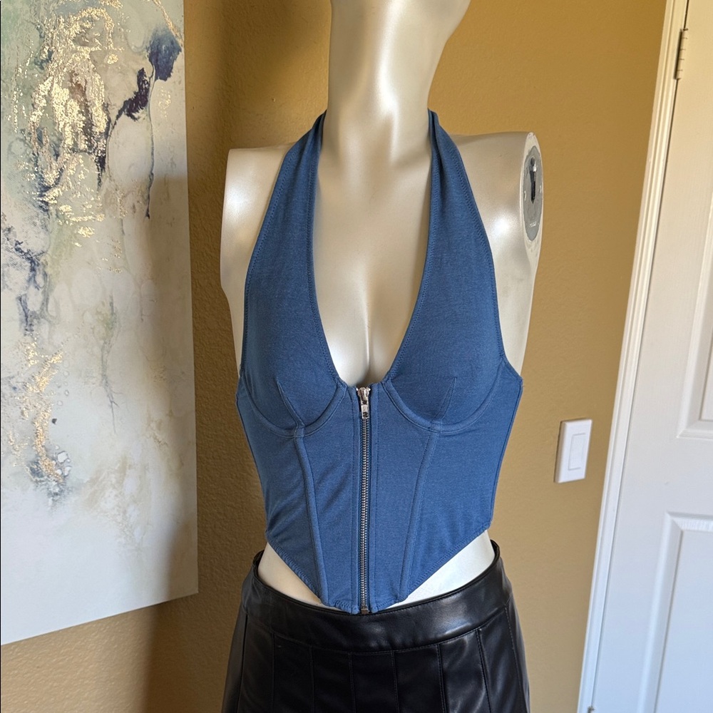 Blue Halter Zip-Front Corset Top - Unbranded